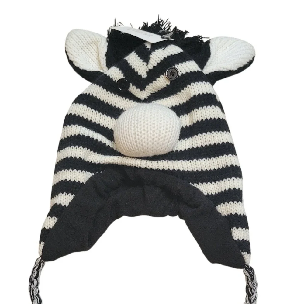 3D Zebra Knit Beanie Hat Kid OS Black White Striped Animal Earflap Lined Kidcore